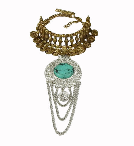 Eva Choker in India Gold and Silver with Turquoise Pendant